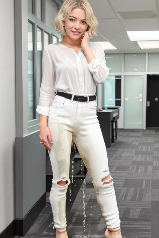 ((((white skinny jeans:1.2)))), (Best Quality,high resolution,bokeh:1.2),woman,Pronounced wrinkles,platinum blonde hair,((very short frizzy Blunt Textured bob haircut)),Detailed eyes and face,white blouse,(standing:1.0),(big smile), Posing, standing in an office,(black high heel pumps)), ((show heels)), jeans are wrinkled from wetness, peeing, wetting self, shins of jeans soaked with pee, pants are yellow where they are wet with pee