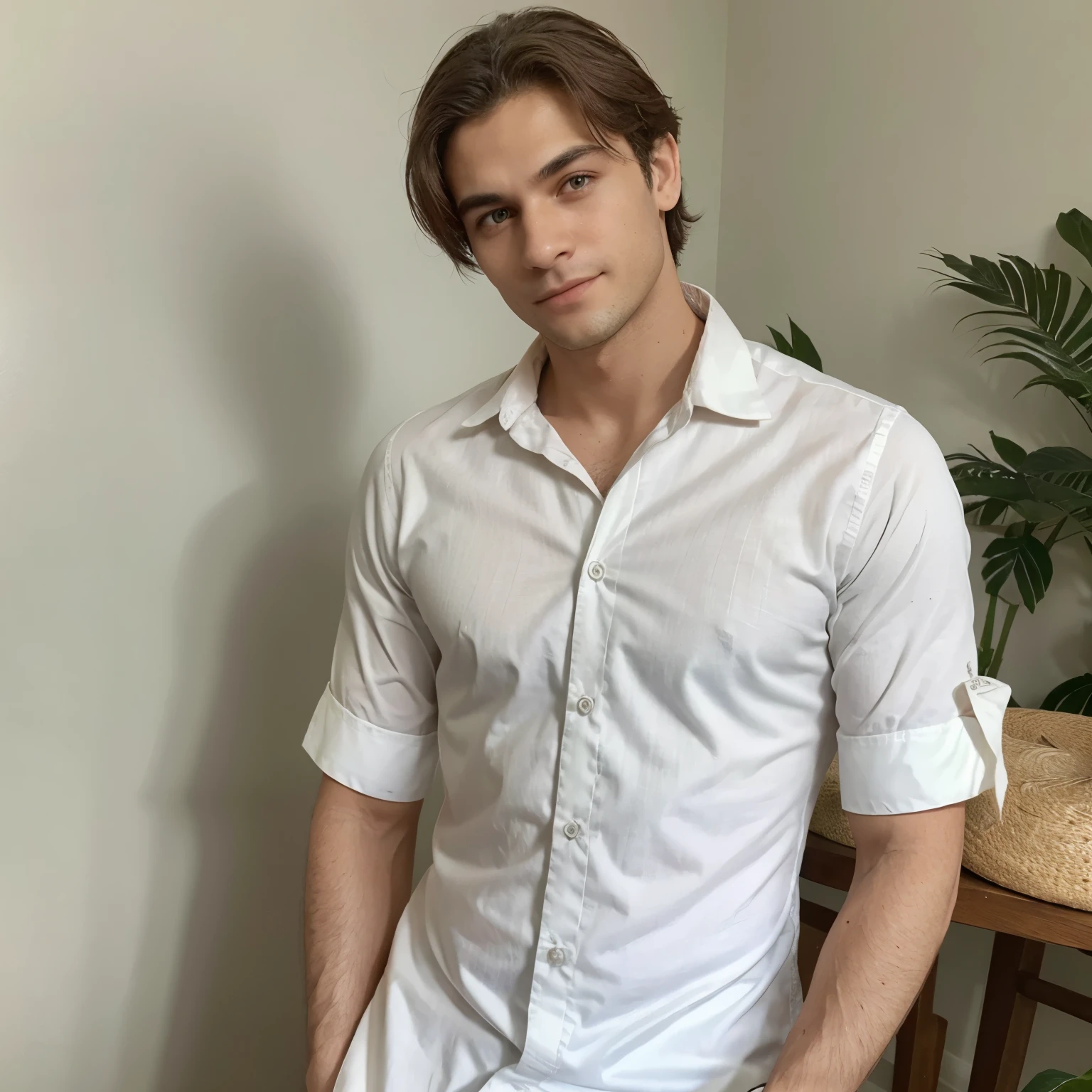 Um homem de 20 anos, cabelos laranja curtos com orelhas de raposa de pele laranja, green eyes and a smirk wearing a white dress shirt with the sleeves rolled up, gravata verde, calcinha social preta e sapatos pretos
