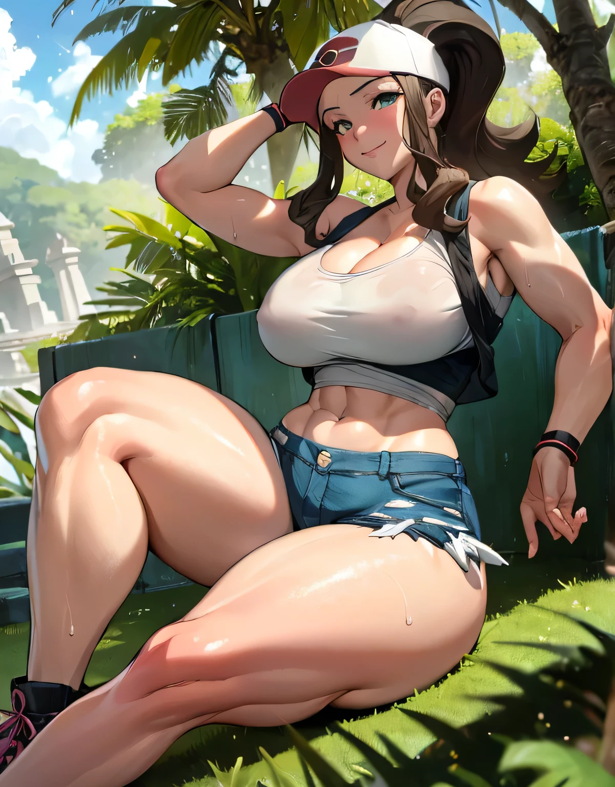 (best quality, highres, masterpiece:1.2), ultra-detailed, realistic:1.37, sketches, hilda pokemon, def1, mature woman, full body, curvy, visible thighs, chubby thighs, thick thighs, thighs in the foreground, body shape,  in some Mayan ruins, tropical setting, lost civilization, tocando su cuerpo, curious look, pokeballs, smile, encanto femenino, downblouse, nsfw, huge breasts, massive breasts, cleavage, sexy abs, arched back, white tanktop, wet clothing