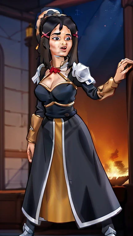 melhor qualidade, high resolution, 1 garota, Cabelo longo, cabelo loiro, x hair ornament, armaduras, olhos azuis, rabo de cavalo, hair ornament, luvas, armadura de ombro, braid, luvas pretas, Sinalizadores, Botas brancas, Darkness \(konosuba\), ((seios grandes)), ((seios enormes)), tiro de vaqueiro, beco escuro e da cidade , sorriso,