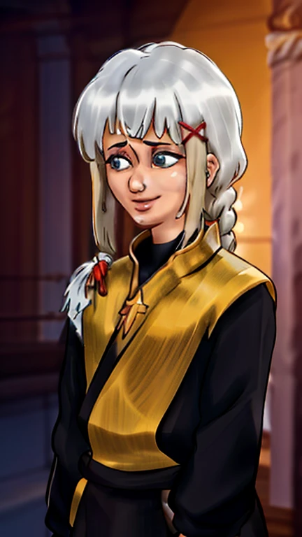 melhor qualidade, high resolution, 1 garota, Cabelo longo, cabelo loiro, x hair ornament, armaduras, olhos azuis, rabo de cavalo, hair ornament, luvas, armadura de ombro, braid, luvas pretas, Sinalizadores, Botas brancas, Darkness \(konosuba\), ((seios grandes)), ((seios enormes)), tiro de vaqueiro, beco escuro e da cidade , sorriso,