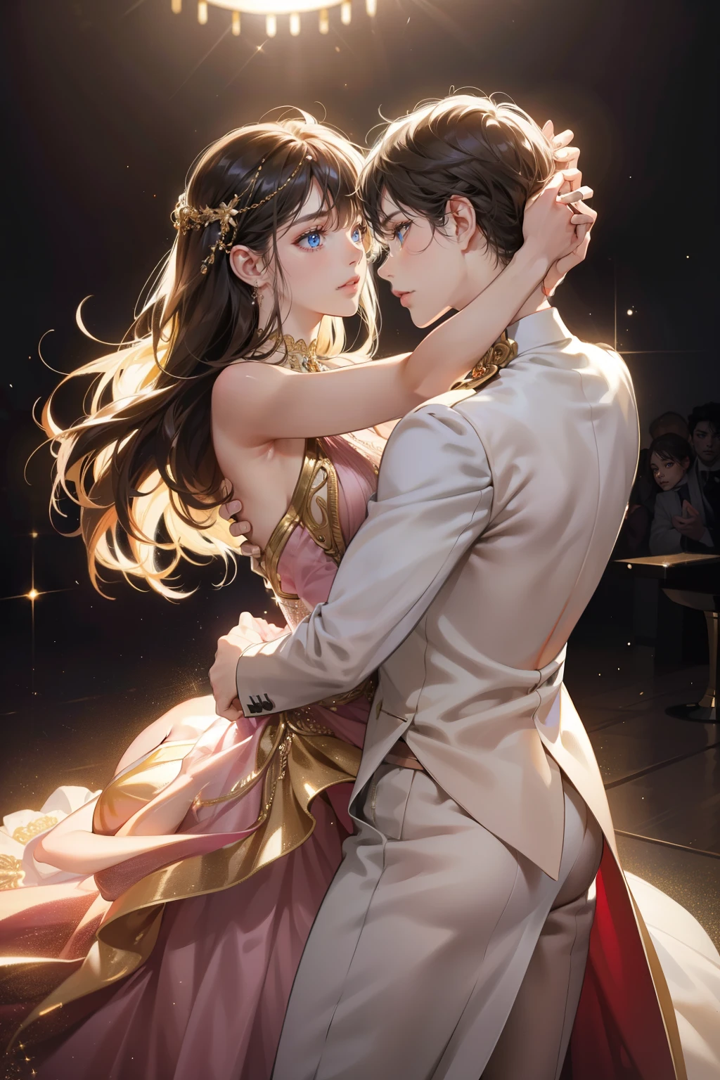(ultra-detailed, sensual emotions, sparkling attire, exquisite dance moves, cinematic illumination)
A young girl adorned in a shimmering, sequin-embroidered dress is engaged in a passionate tango with a suave partner. Her delicate features and expressive eyes radiate with a sensual allure as they intertwine in the dance. Every intricate detail of her flawless skin is accentuated under the soft, romantic lighting, creating an air of enchantment.

(8K, best quality, raw photo)
This intimate dance scene is captured in stunning detail, with each sequin gleaming on her dress and every muscle in