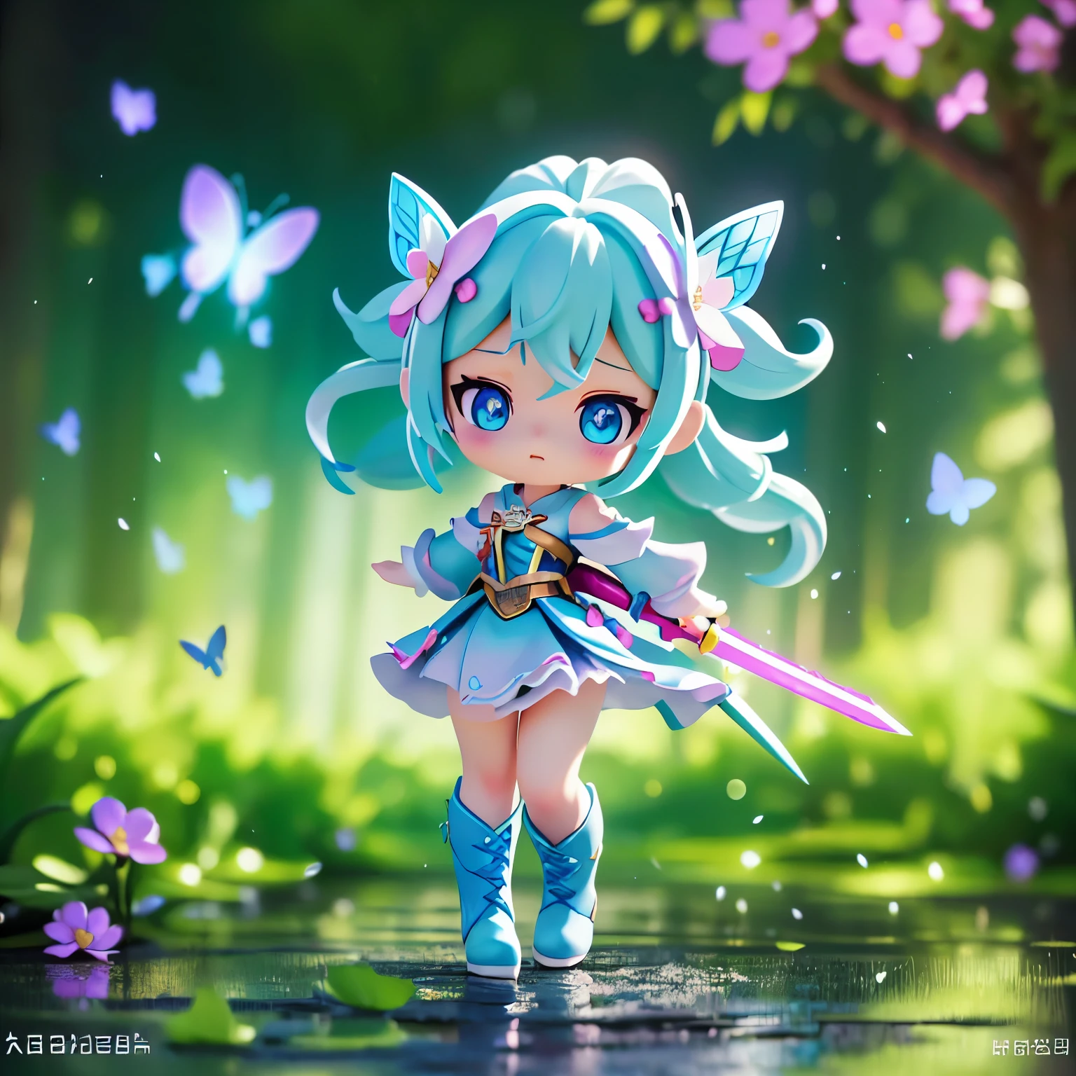 Octane Render、(Hyper-detailing: 1.15)、cinematic lightening、Sword Practice、long sword、Knee-high boots、super fine eyes、Full Paint、(floral hair ornament、butterfly hair ornament)、muste piece、anatomically correct、Blur、Depth of the bounds written