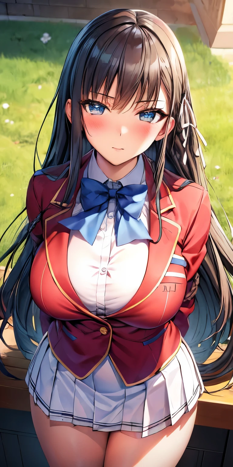 masterpiece, best quality, ultra-detailed, illustration,masterpiece, Best quality, high resolution, high resolution, aasuzune, long hair, black hair, (single braid:1.2), hair ribbon, red jacket, blazer, blue bowtie, long sleeves, white skirt,tight skirt, skirt,beautiful detailed eyes, looking at viewer in a seductive look, close up, (breast focus), (arms behind back:1.2), (from above:1.1),big sized breasts, attempt to seduce,blush, cleavage ,(wide thighs)