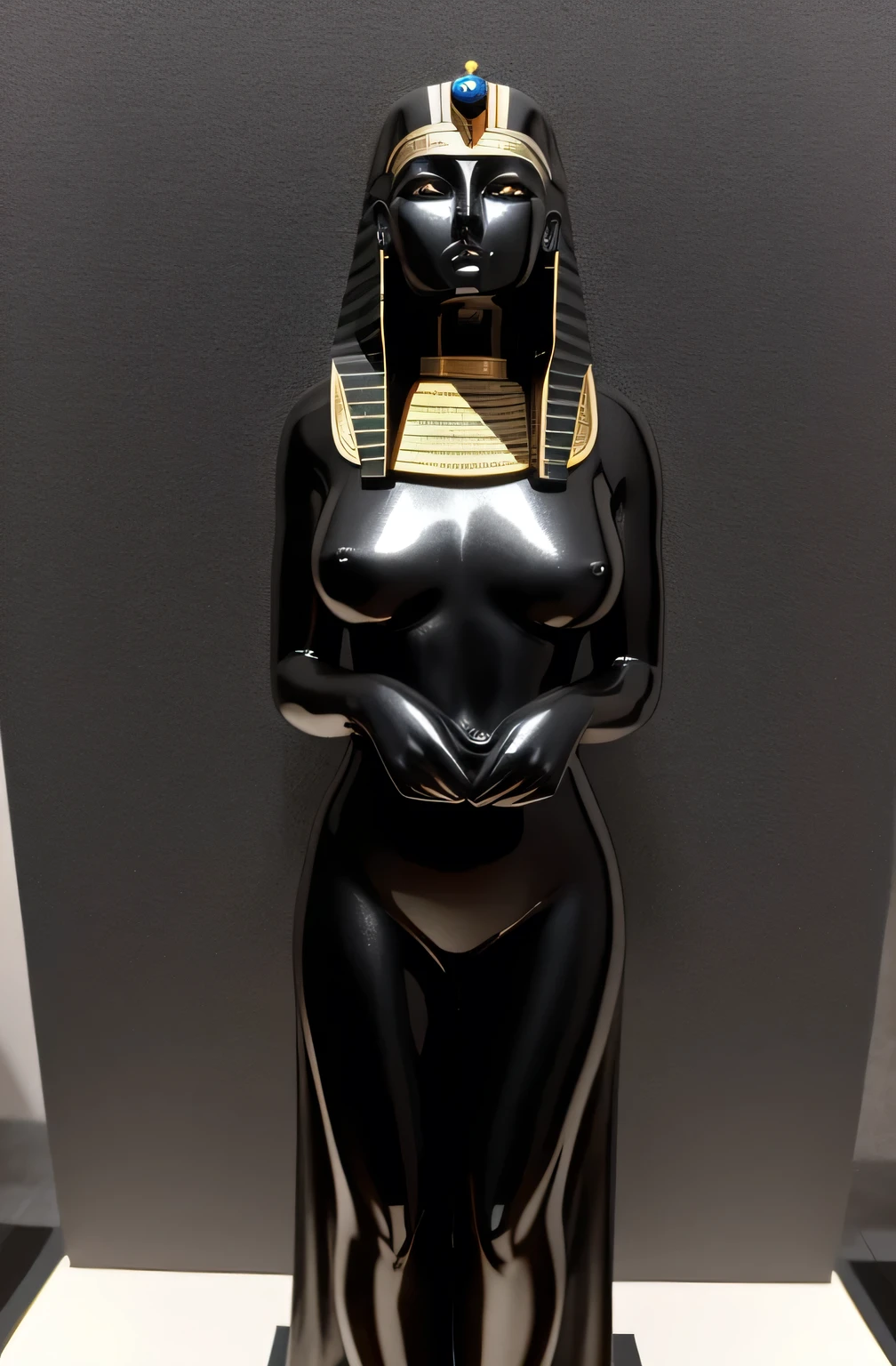 egyptian statue of an angry woman made of shiny black stone