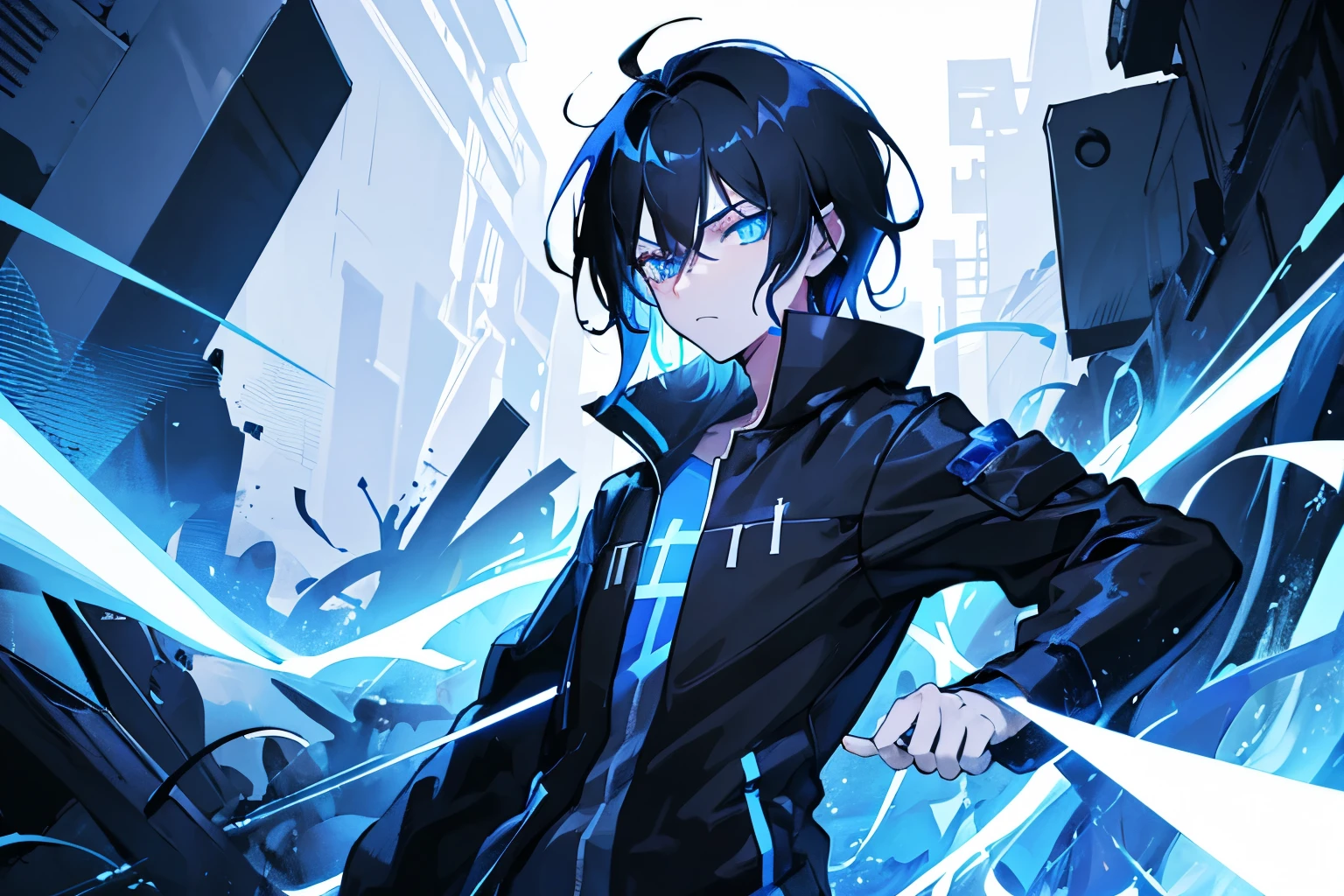 High resolution,close range、Anime boy with black hair and blue eyes looking at the camera, Glowing blue eyes,slim, Wearing black clothing,Shadow Body,Monochrome,My hair is messy,Rage、Diagonal angle