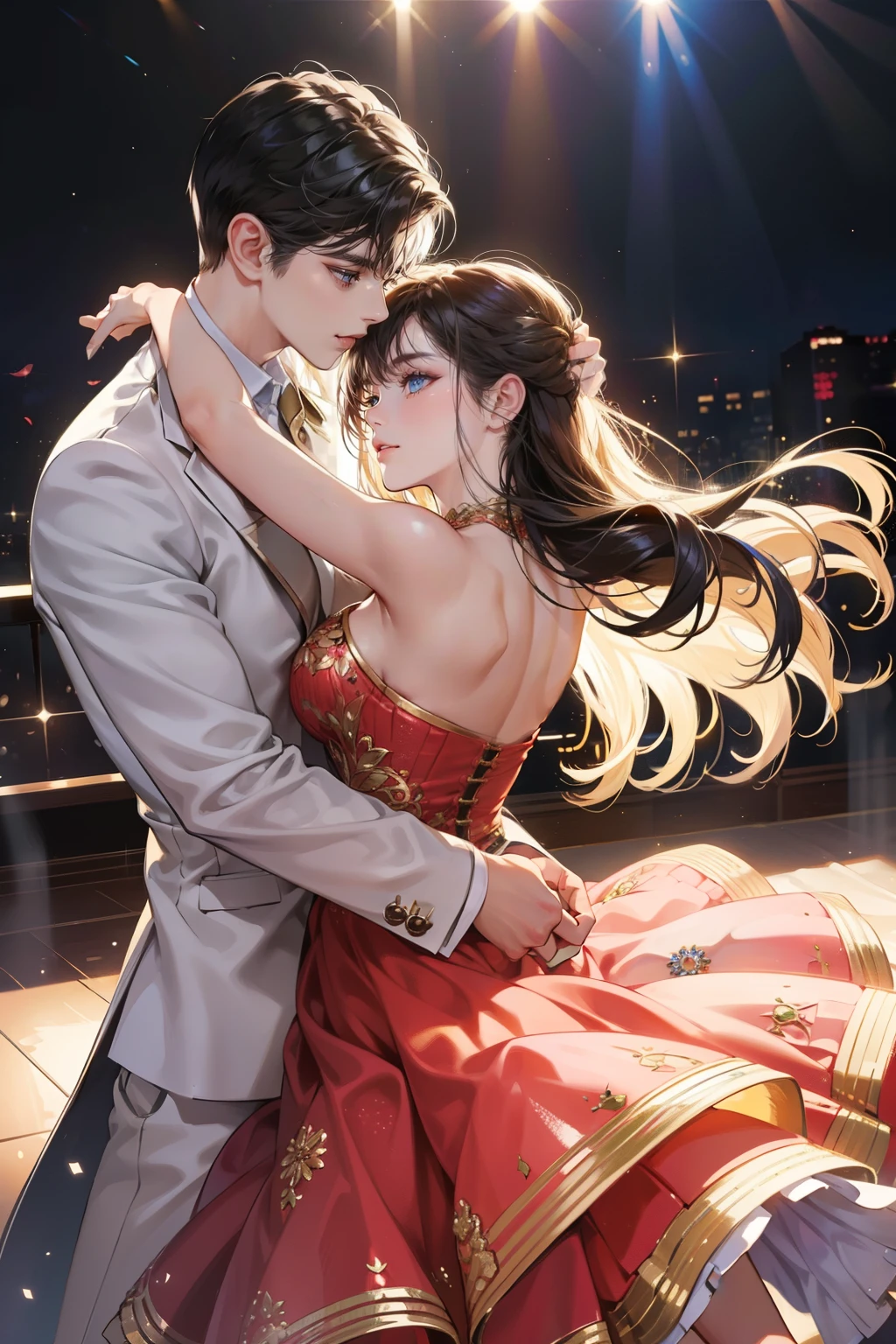(ultra-detailed, sensual emotions, sparkling attire, exquisite dance moves, cinematic illumination)
A young girl adorned in a shimmering, sequin-embroidered dress is engaged in a passionate tango with a suave partner. Her delicate features and expressive eyes radiate with a sensual allure as they intertwine in the dance. Every intricate detail of her flawless skin is accentuated under the soft, romantic lighting, creating an air of enchantment.

(8K, best quality, raw photo)
This intimate dance scene is captured in stunning detail, with each sequin gleaming on her dress and every muscle in