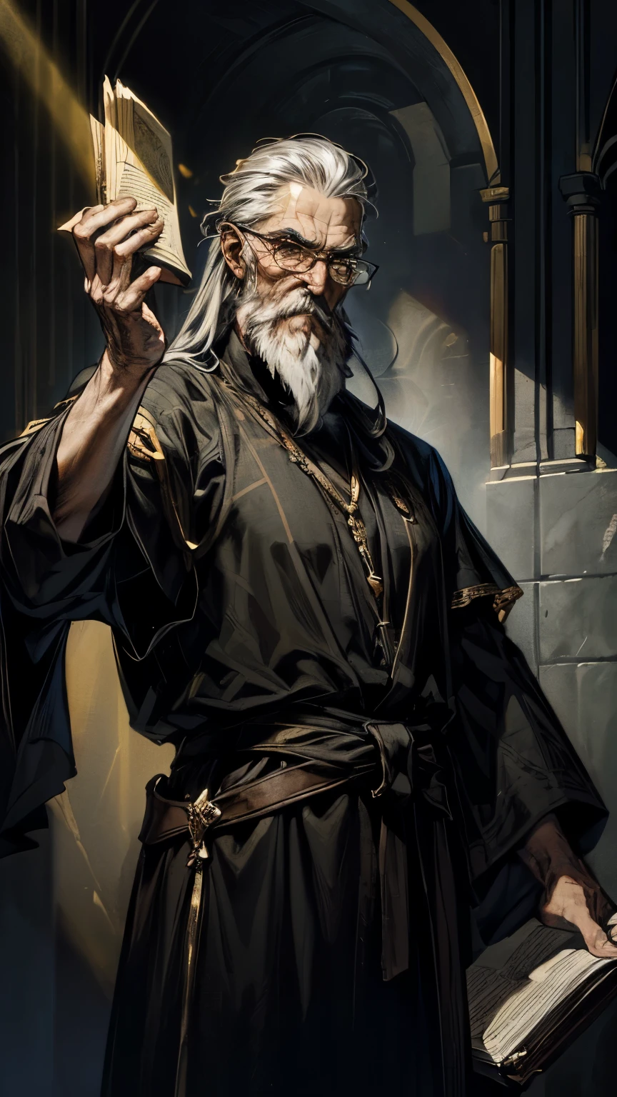 (masterpiece, high detailed, high resolution), (seen in front, front view), (in a crypt), (1 man, human cleric, mature, long gray hair, a really long gray beard, looking serious, looking angry, looks straight ahead), (wearing a black tunic with white glowy patterns, wearing very thin old round small glasses), ((two hands, his first hand is holding an opened book and his second hand is raised in the air)), (dark, obscure), (shadows), (yellow light: 2, gold light: 1.4)