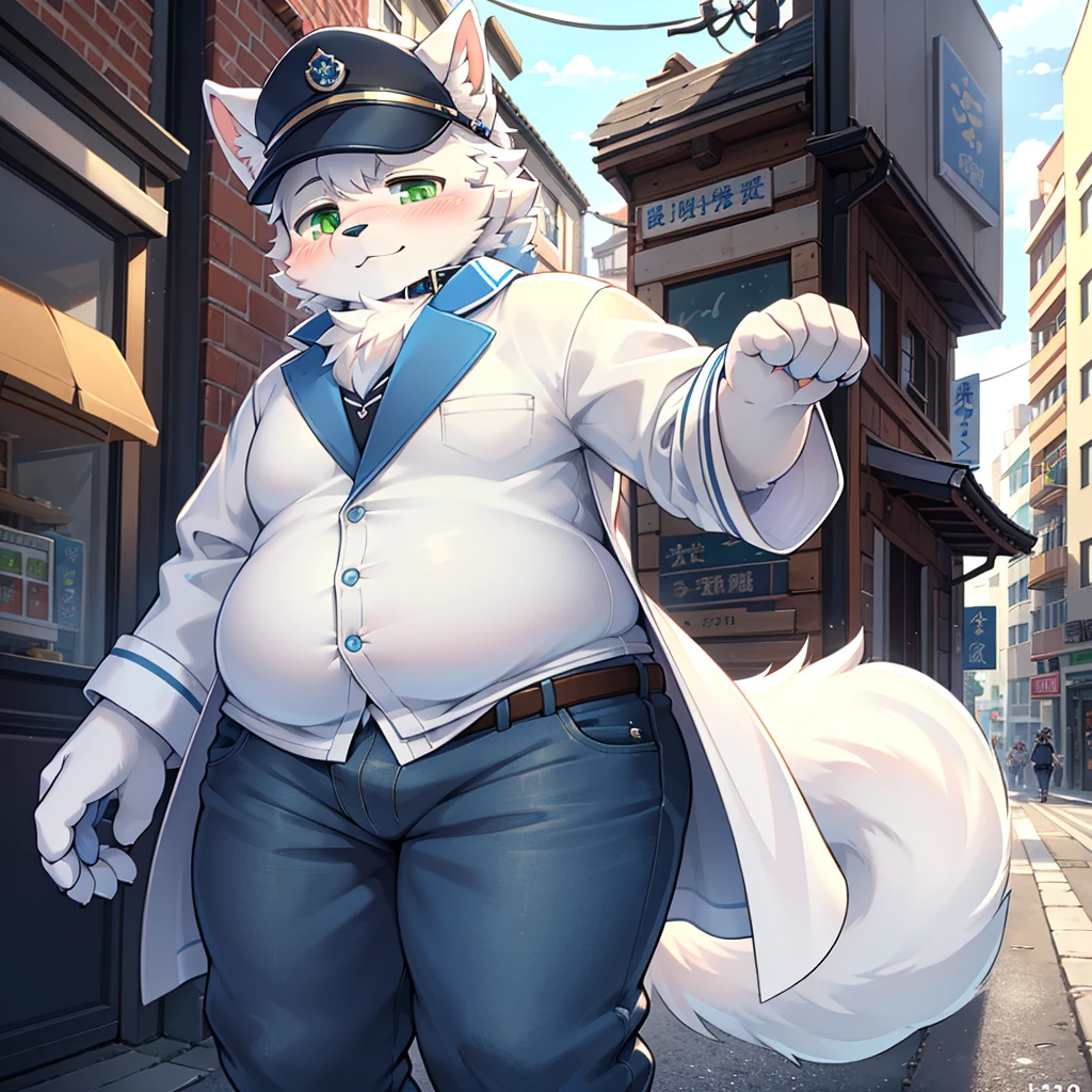 (masterpiece),(Very detailed),(best quality),hairy,Samoyed,fur,(blush:1.1),optimistic,((Gentle expression)),Commercial Street Background,8k,(high quality),(Ultra HD),(Super detailed),male,Age 18 years,Obesity,cute,Very kind face。圆圆cute的脸颊。Green pupils。纯白色fur。Drooping eyes。Wearing a white shirt with a dark blue collar,Wearing a white coat,There is some light blue ink gradient on the top part,Wearing grey pants,Wearing blue and white sneakers。Wearing a peaked cap