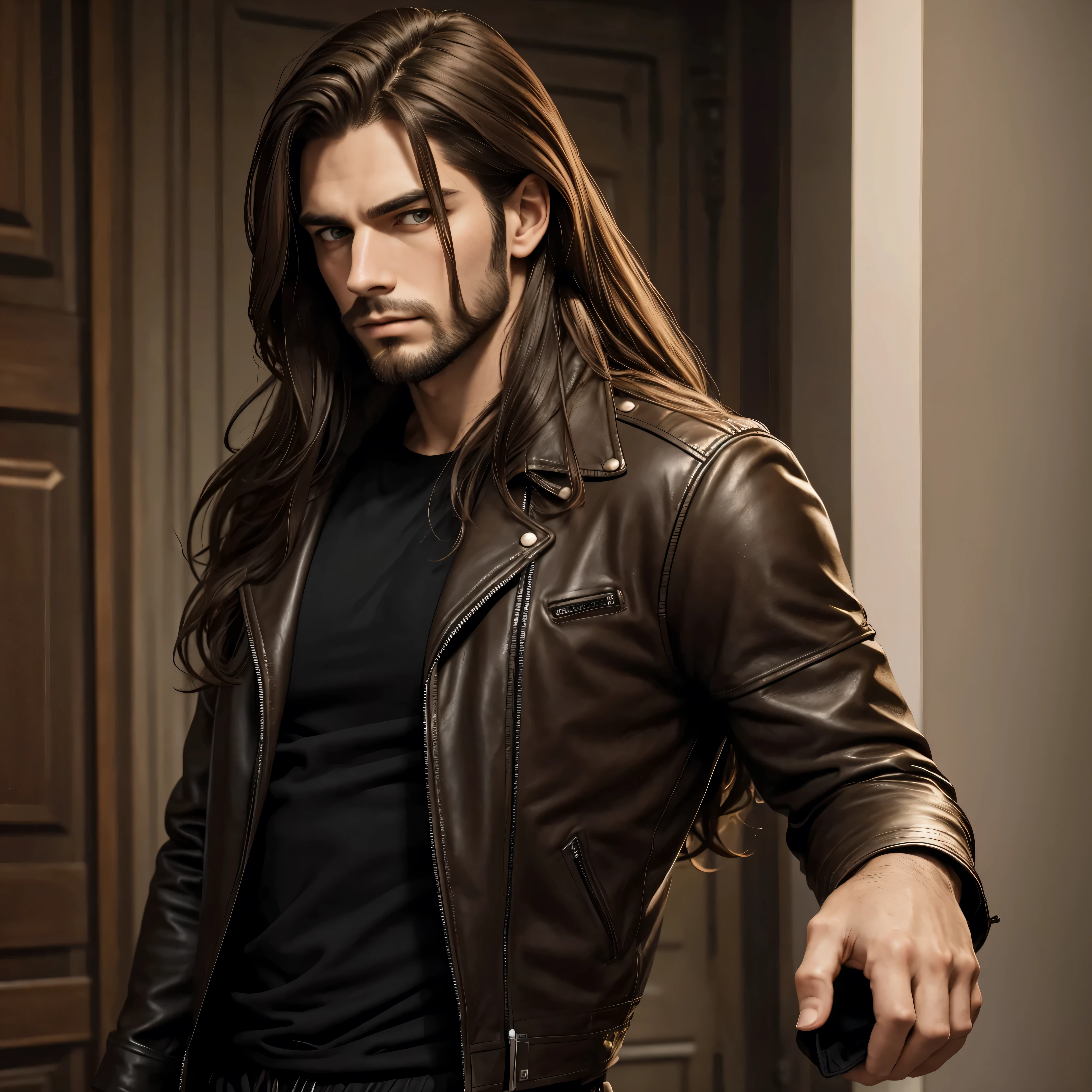 obra de arte, melhor qualidade) Um homem de cabelo castanho, Cabelo longo, olhos castanhos, sem barba, serious face, Cabelo longo, Jaqueta de couro preta fechada, black sweatpants