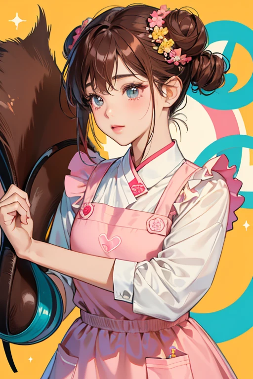 Mei Lin is a tanned woman with dark brown hair styled into twin buns, held by cherry hair ties. Her bangs are split in the middle with light pink tips. Her eyes are dark brown. Her work attire consists of a white shirt with teal trim, under an orange apron with yellow and pink bubble motifs. She wears coral lipstick. SPARKLE; GLITTER