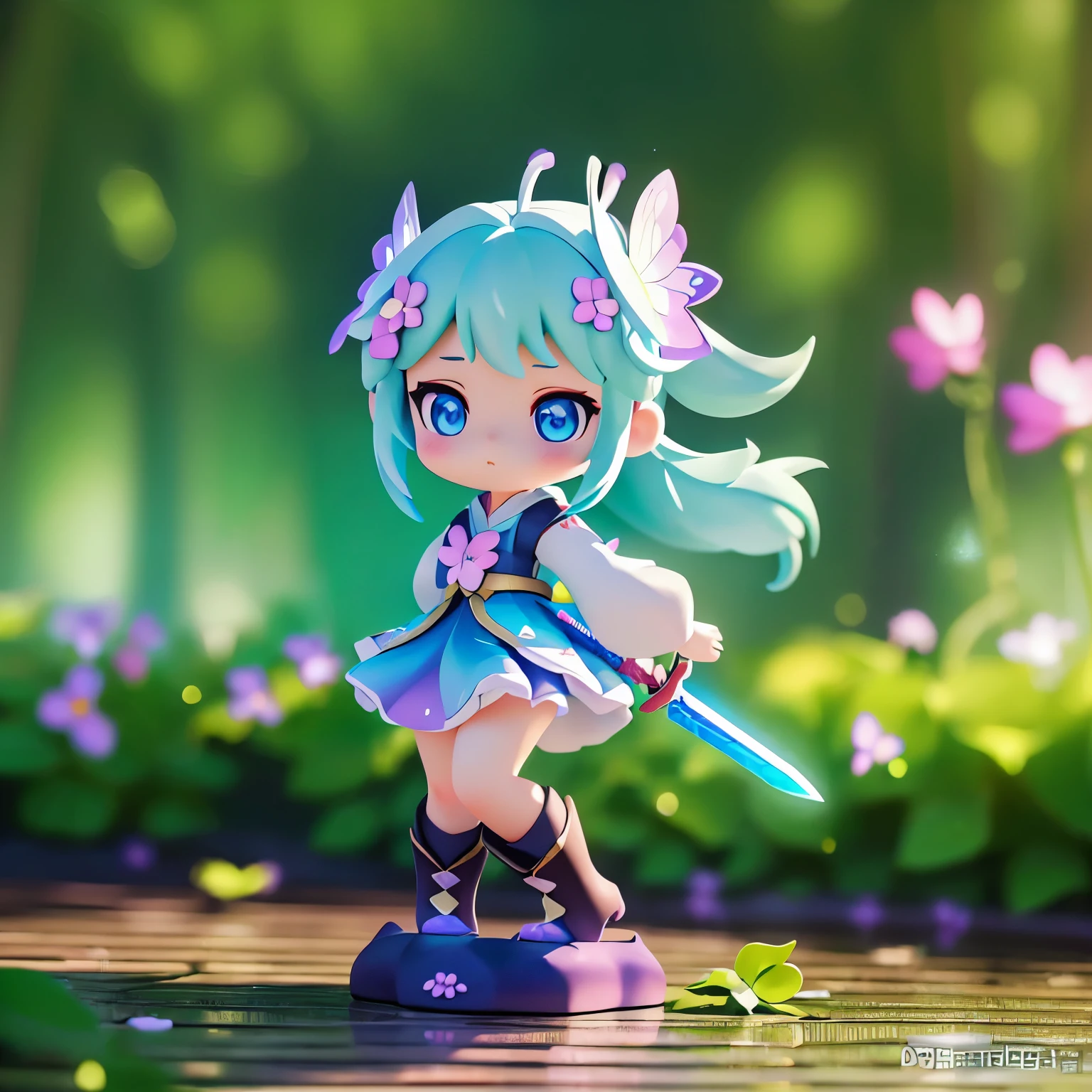 Octane Render、(Hyper-detailing: 1.15)、cinematic lightening、Sword Practice、long sword、Knee-high boots、super fine eyes、Full Paint、(floral hair ornament、butterfly hair ornament)、muste piece、anatomically correct、Blur、Depth of the bounds written
