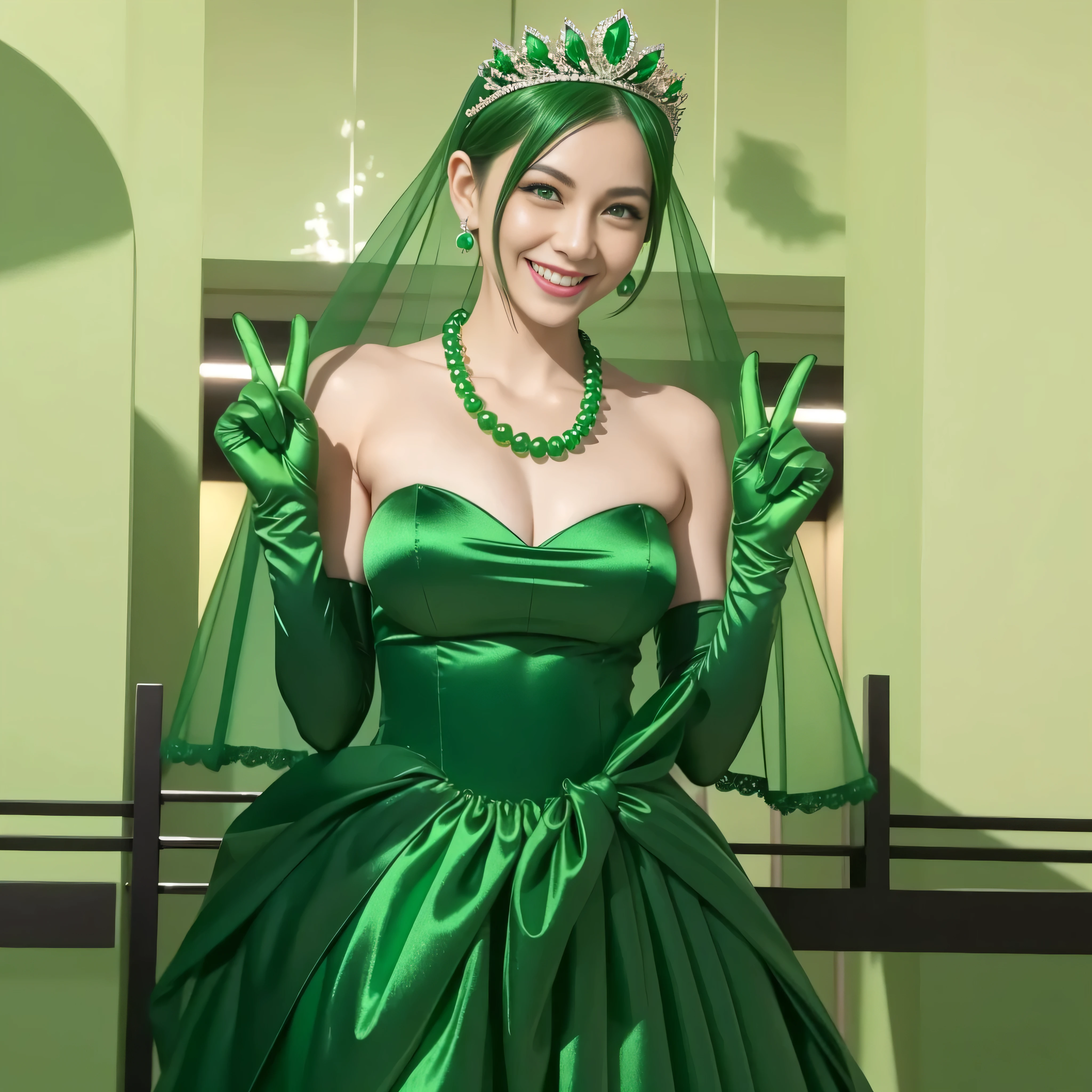 Emerald tiara, Green Pearl Necklace, Boyish very short green hair, lipstick, Smiling Japanese woman, Very short hair, Big tits beautiful, Green Eyes, Long green satin gloves, Green Eyes, v sign, Emerald Earrings, Green Veil
