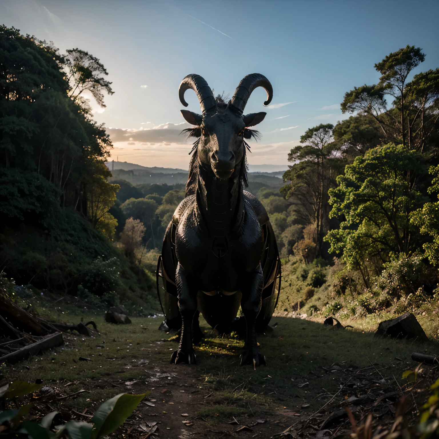 3 meter tall humanoid black dragon, em uma floresta petrificada ao entardecer de inverno, segurando uma cabra, uma luz alaranjada descendo das nuvens, a ruined castle in the background