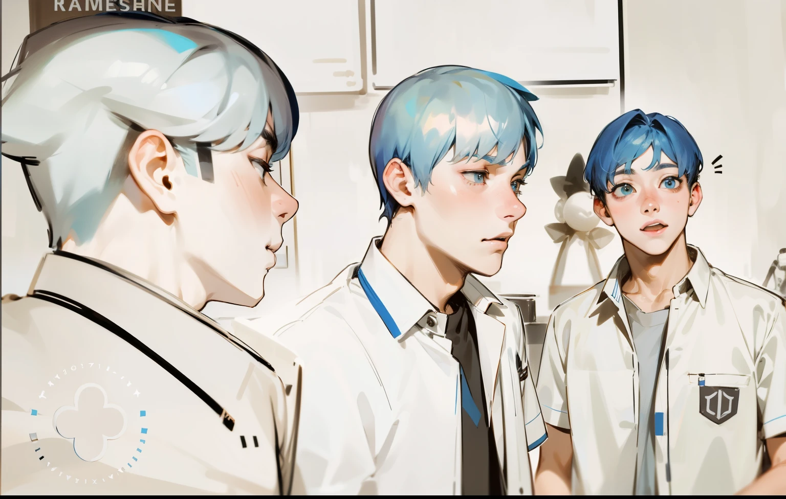 There are two 17-year-old boys with blue hair, they look at each other's faces, they are scared, worried.