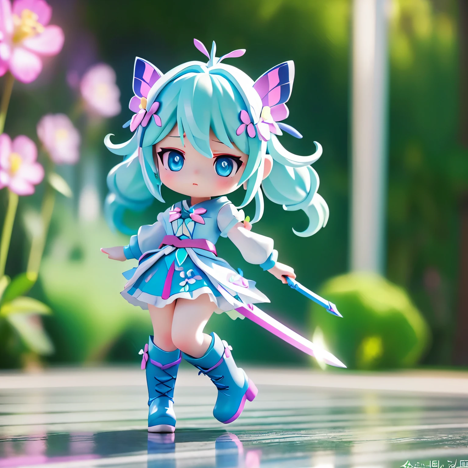Octane Render、(Hyper-detailing: 1.15)、cinematic lightening、Sword Practice、long sword、Knee-high boots、super fine eyes、Full Paint、(floral hair ornament、butterfly hair ornament)、muste piece、anatomically correct、Blur、Depth of the bounds written
