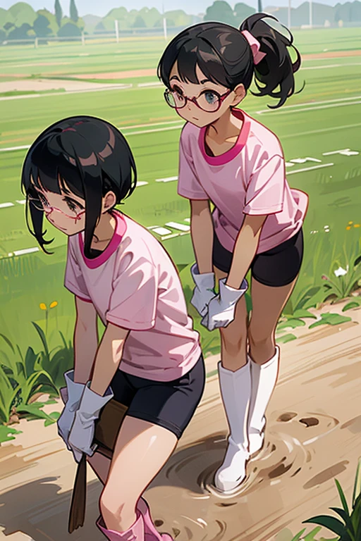 A pair of  girls with glasses and black hair tied up in short-sleeved gym clothes wearing long pink rubber gloves and white rubber boots and gym caps on their heads are digging potatoes in a field