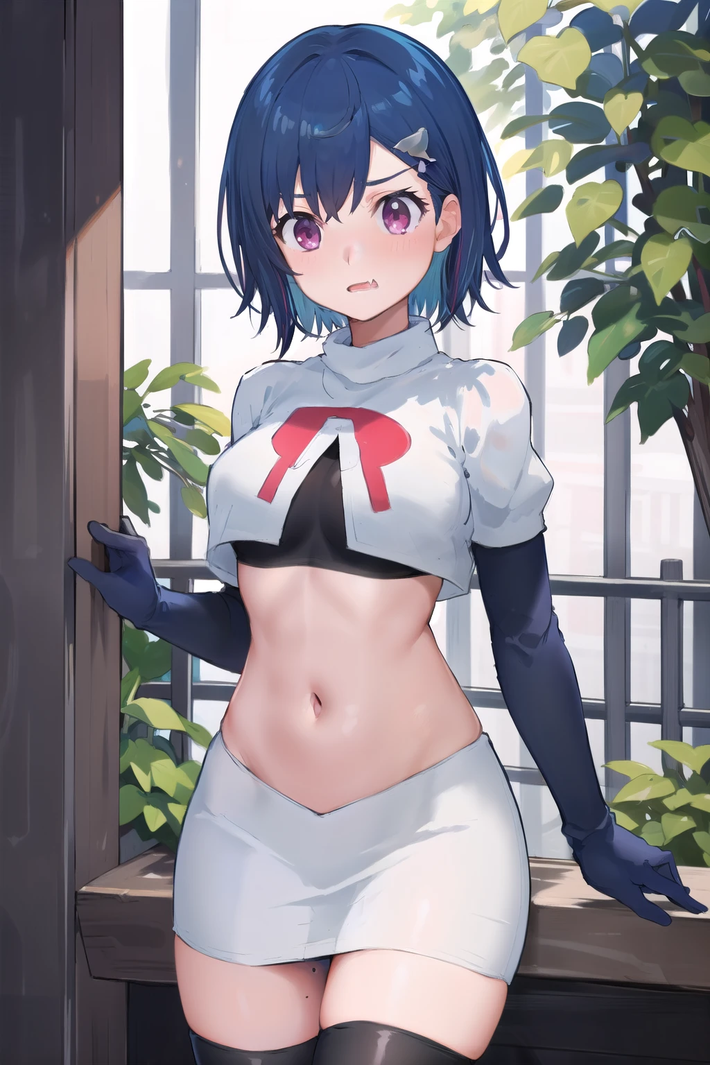 (masterpiece), (best quality),  1girl, solo, fang, blue hair, skin fang, short hair, hair behind ear, purple eyes, team rocket,team rocket uniform,white skirt,red letter R,crop top,black thigh-highs,black elbow gloves, hair ornament, medium breasts, mole on thigh, outdoors, blush, embarrassed, cowboy shot