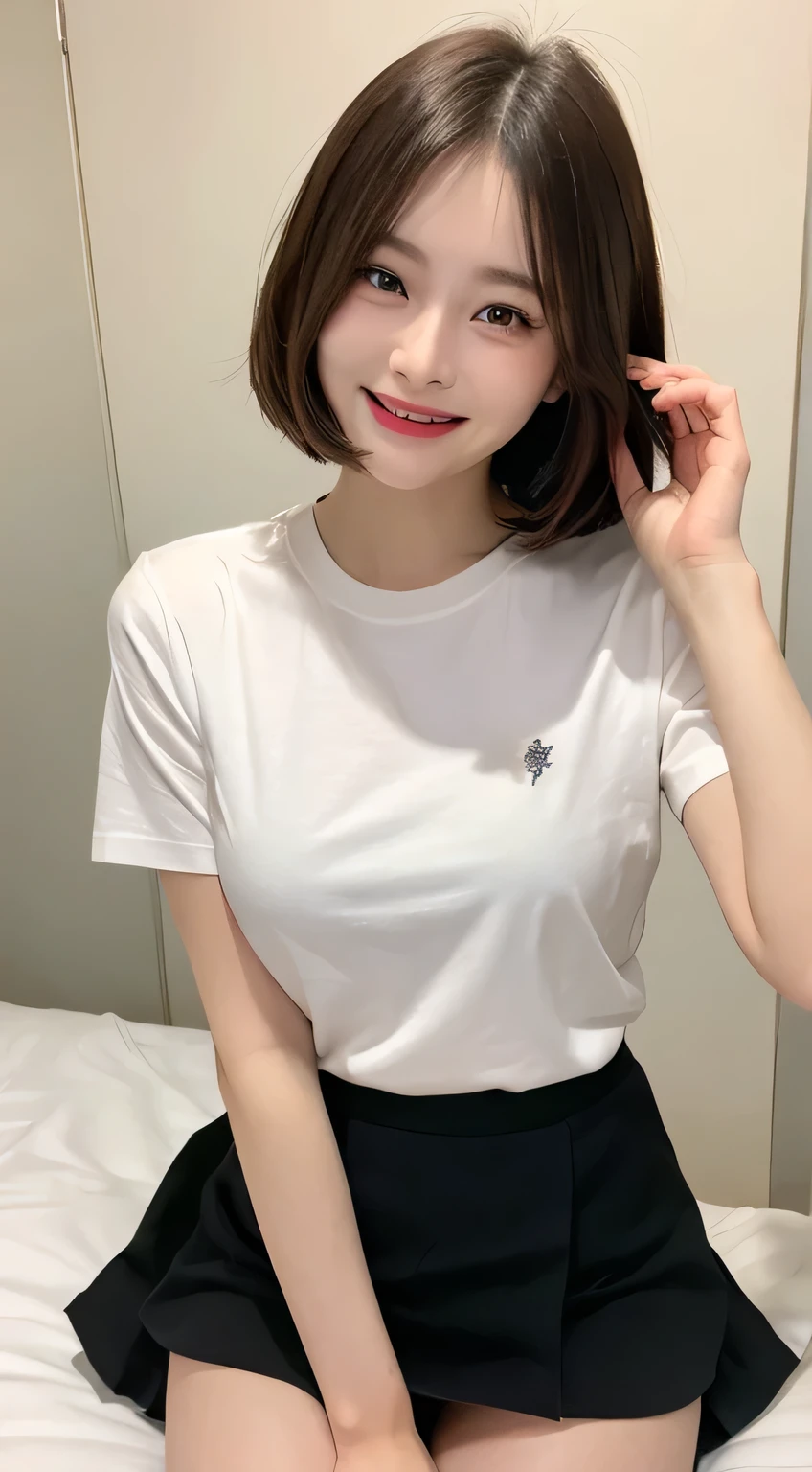 White tight shirt、mini skirt、bed、Laughter、Short sleeve