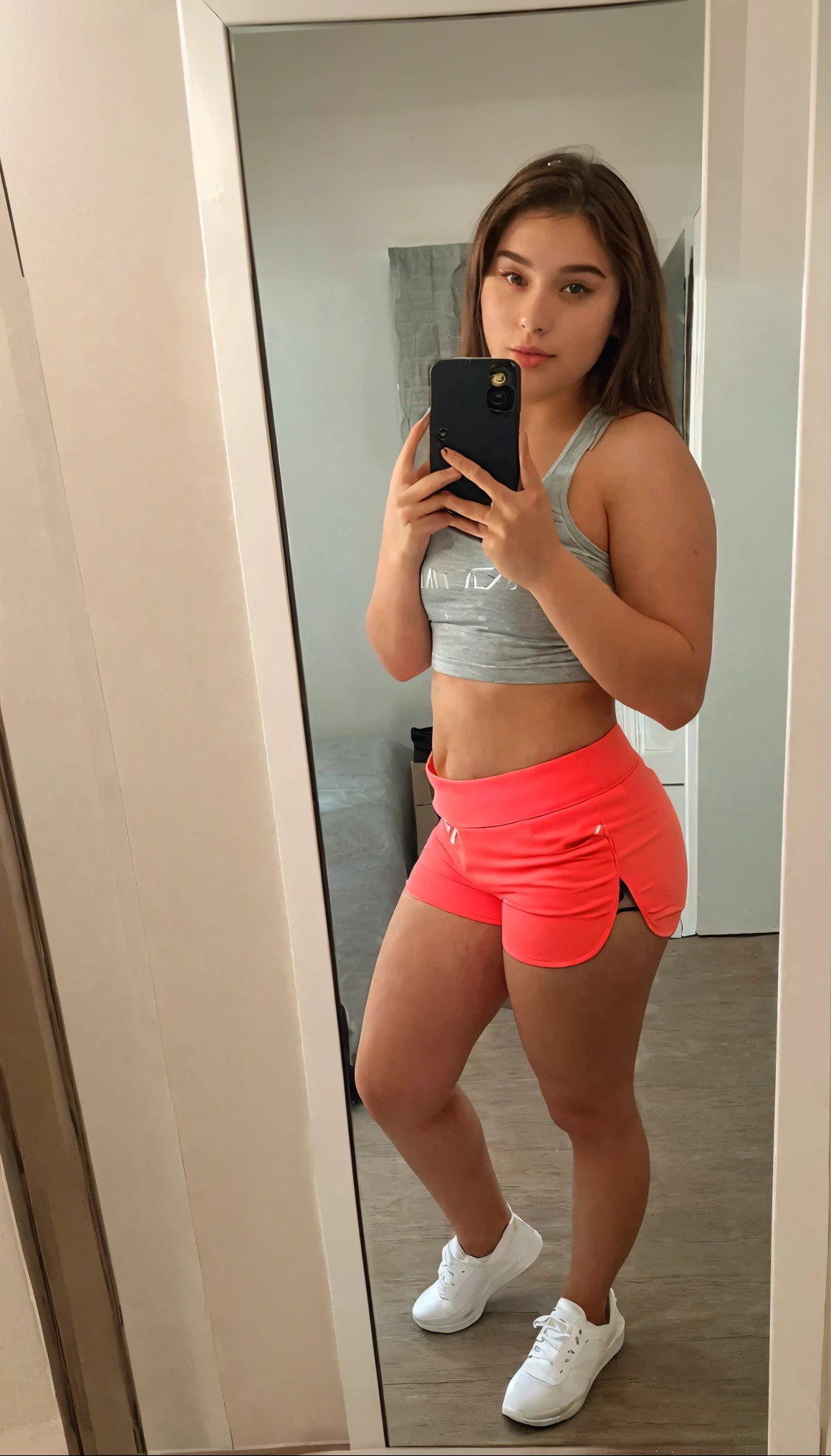 there is a woman taking a selfie in a mirror, fit pic, in shorts, low quality photo, croptop and shorts, half body photo, thighs!!!!!!, exposed thighs!!!, 2 , full body!!!, sexy look, 18 years old, femenine body, thick thighs, she is about 3 0 years old
