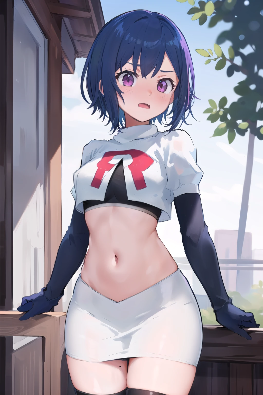 (masterpiece), (best quality),  1girl, solo, fang, blue hair, skin fang, short hair, hair behind ear, purple eyes, team rocket,team rocket uniform,white skirt,red letter R,crop top,black thigh-highs,black elbow gloves, hair ornament, medium breasts, mole on thigh, outdoors, blush, embarrassed, cowboy shot