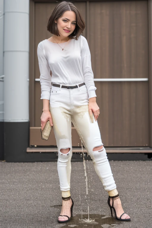 ((((white skinny jeans:1.2)))), (Best Quality,high resolution,bokeh:1.2),woman,Pronounced wrinkles,platinum blonde hair,((very short frizzy Blunt Textured bob haircut)),Detailed eyes and face,yellow blouse,(standing:1.0),(big smile), Posing, standing in an office,(black high heel pumps)), ((show heels)), jeans are wrinkled from wetness, peeing, wetting self, shins of jeans soaked with pee, ((pants are dark yellow where they are soaked with pee))