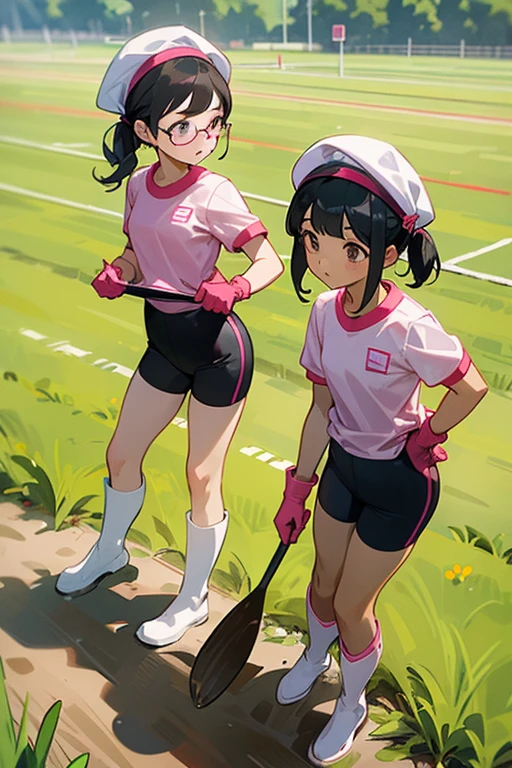 A pair of elementary school girls with glasses and black hair tied up in short-sleeved gym clothes wearing long pink rubber gloves and white rubber boots and gym caps on their heads are digging potatoes in a field