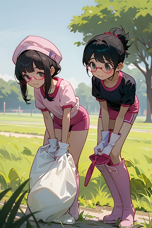 A pair of elementary school girls with glasses and black hair tied up in short-sleeved gym clothes wearing long pink rubber gloves and white rubber boots and gym caps on their heads are digging potatoes in a field