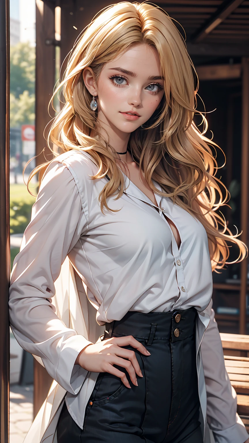 A 23-year-old white woman with unparalleled beauty、blue eyes、Dark Blonde、Hair is wavy、long hair、The ends of the hair are curled upwards、smile、She's wearing a black lace choker.、Wearing a white tank top、The navel is sticking out、My abs are ripped、A slim, well-proportioned, muscular body with big breasts、The sunlight is shining from above、Photorealistic images、8K quality、My chest is popping out、I want my head to stay off screen、Wearing accessories on the wrist、I'm wearing black stockings、I'm wearing skinny jeans、I am sitting with my legs stretched out on the grass in the park and my arms are stuck behind my back.、Angle from above