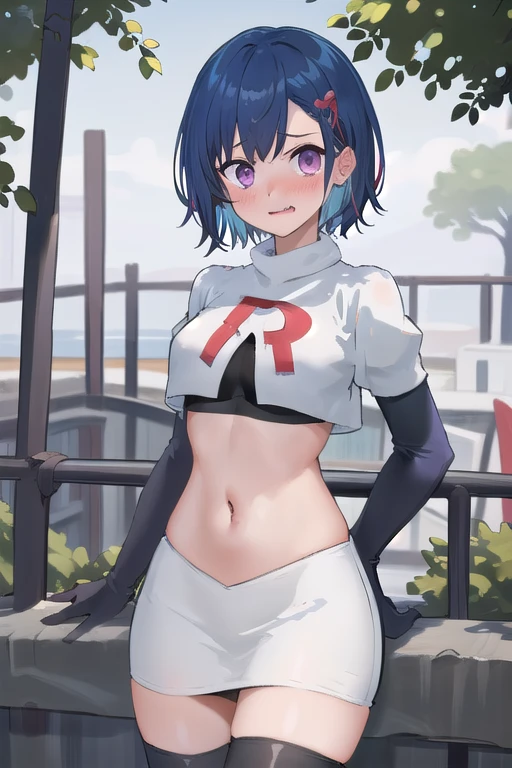 (masterpiece), (best quality),  1girl, solo, fang, blue hair, skin fang, short hair, hair behind ear, purple eyes, team rocket,team rocket uniform,white skirt,red letter R,crop top,black thigh-highs,black elbow gloves, hair ornament, medium breasts, mole on thigh, outdoors, blush, embarrassed, cowboy shot