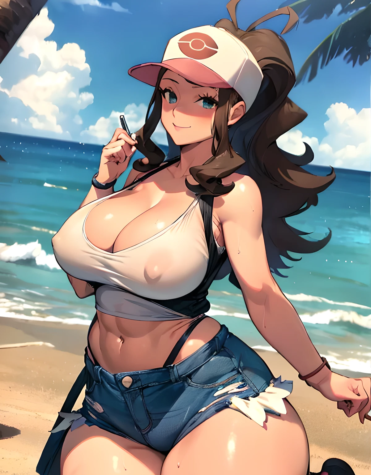 (best quality, highres, masterpiece:1.2), ultra-detailed, realistic:1.37, sketches, hilda pokemon, def1, mature woman, full body, curvy, visible thighs, chubby thighs, thick thighs, thighs in the foreground, body shape, in some Mayan ruins, tropical setting, lost civilization, tocando su cuerpo, curious look, pokeballs, smile, encanto femenino, downblouse, nsfw, huge breasts, massive breasts, cleavage, sexy abs, arched back, white tanktop, wet clothing, holding breasts