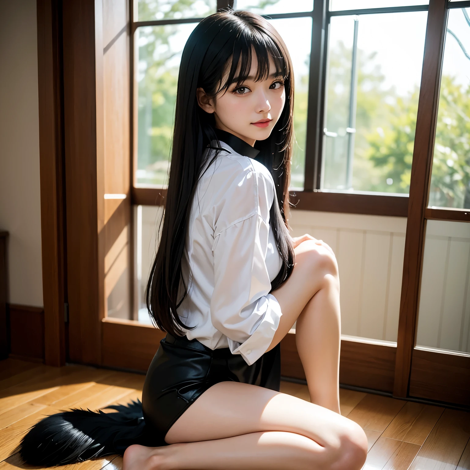Girl with a furry tail , Fox tail, tail, Collared shirt,Tabletop, 最high quality, shape, Ultra-detailed, finedetail, High resolution, 8k wallpaper, 完璧なダイナミックな構shape, Beautiful detailed eyes,Full Body Shot，Please show me your whole body、Thin and transparent、Long black hair, ,smile,Harajuku、20-year-old girl、eyeliner、Beautiful Bangs、Hair between the eyes、最high quality、ultra-detailliert、Film Light、intricate-detail、High resolution、ighly detailed))、detailed background、8KUHD、Digital single-lens reflex camera、Soft Light、high quality、Film Grain、Fujifilm XT3 、Shallow depth of field、natural Soft Light、Kamimei、I look at my knees., sexy shot looking at camera、On the feet、Full Body Shot facing the camera、look back、(Fox&#39;s tail pushes up the hem of the skirt and the base of the tail is visible.:1.9)