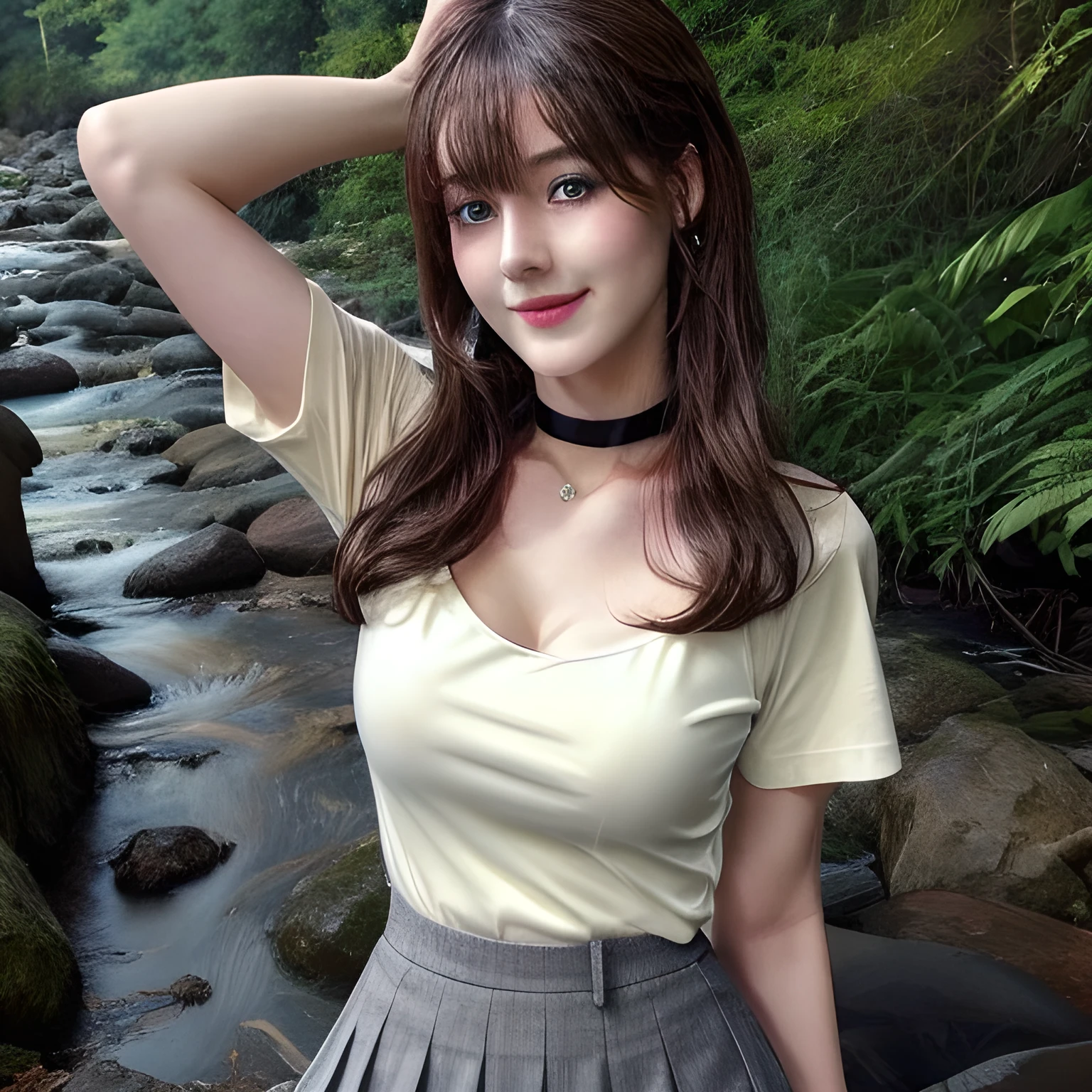 masterpiece, Front view, Cute Japanese aristocratic woman, (輝くBrown Hair, Straight length Hair), ((Ivory Tight T-shirt, mini skirt)), Very cute face, Glossy Lips, Double eyelids on both eyes, Natural Makeup, Brown Hair, Asymmetrical bangs, High resolution, Attention to detail, Detailed hairstyle, Detailed face, Octane Rendering, Ultra-realistic, Perfect limbs, ((Black Choker)), blue eyes, (Big Breasts), ((The body is slim:1.5)), Cool Beauty, ((Slim face)), smile, Mature Woman, Browsing Caution:-1.2, length, bushy eyelashes, Cleavage, ((Mountain、stream)),