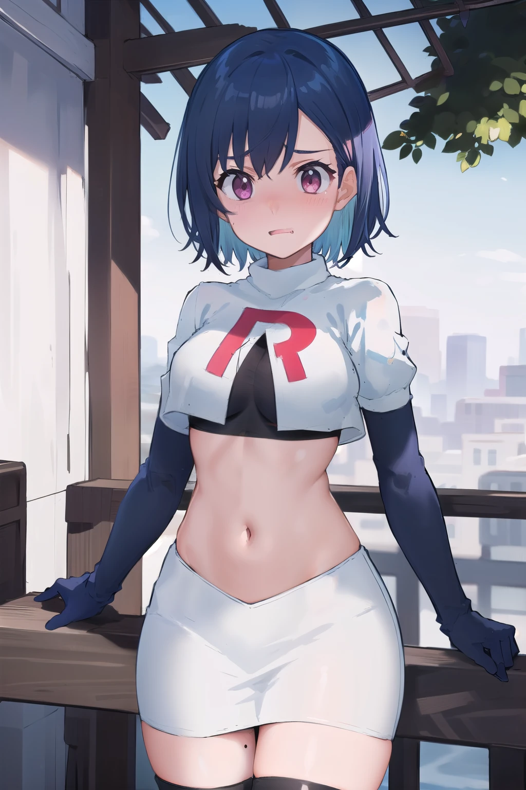 (masterpiece), (best quality),  1girl, solo, fang, blue hair, skin fang, short hair, hair behind ear, purple eyes, team rocket,team rocket uniform,white skirt,red letter R,crop top,black thigh-highs,black elbow gloves, hair ornament, medium breasts, mole on thigh, outdoors, blush, embarrassed, cowboy shot