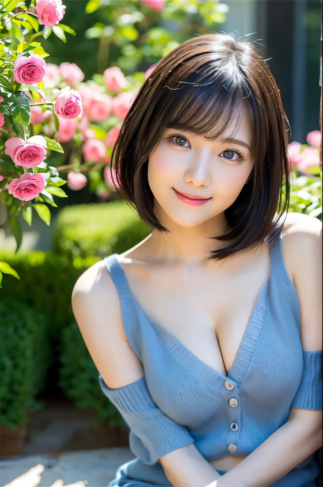 Medium Shot、((Upper Body))、(highest quality:1.5)、(Realistic:1.5)、(1 person:1.5)、(Very detailed)、(High resolution)、8k、((Wear an off-the-shoulder sleeveless sweater))、Slightly small breasts、Natural color lips、Cute Smile、20-year-old girl、(Beautiful and elaborate face)、(Perfect and beautiful face)、(Big eyes)、(Beautiful and elaborate face)、(Beautiful, balanced eyes)、Perfect and beautiful double eyelids、Perfect and beautiful face、Arched eyebrows、 Thin eyebrows、Feminine poses、Slim face、Slim figure、Beautiful and thin nose、 Beautiful Skin、(Medium Bob Hair)、Natural Bangs、Fair skin、Front lighting、(Lighting the face)、(Beautiful cleavage)、Deep blue eyes、Slim waistline、Sitting in a flowerbed in the garden、Garden with blooming roses、
