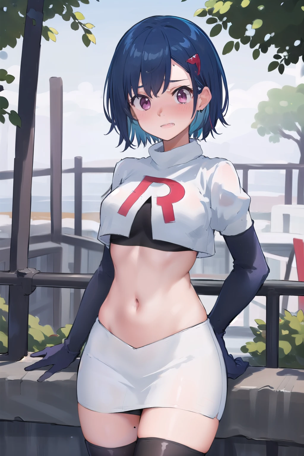 (masterpiece), (best quality),  1girl, solo, fang, blue hair, skin fang, short hair, hair behind ear, purple eyes, team rocket,team rocket uniform,white skirt,red letter R,crop top,black thigh-highs,black elbow gloves, hair ornament, medium breasts, mole on thigh, outdoors, blush, embarrassed, cowboy shot