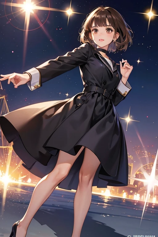 Natalie is Caucasian, has brown eyes and short brown hair. She also wears a navy blue dress suit with a black choker and navy pumps. SPARKLE; GLITTER