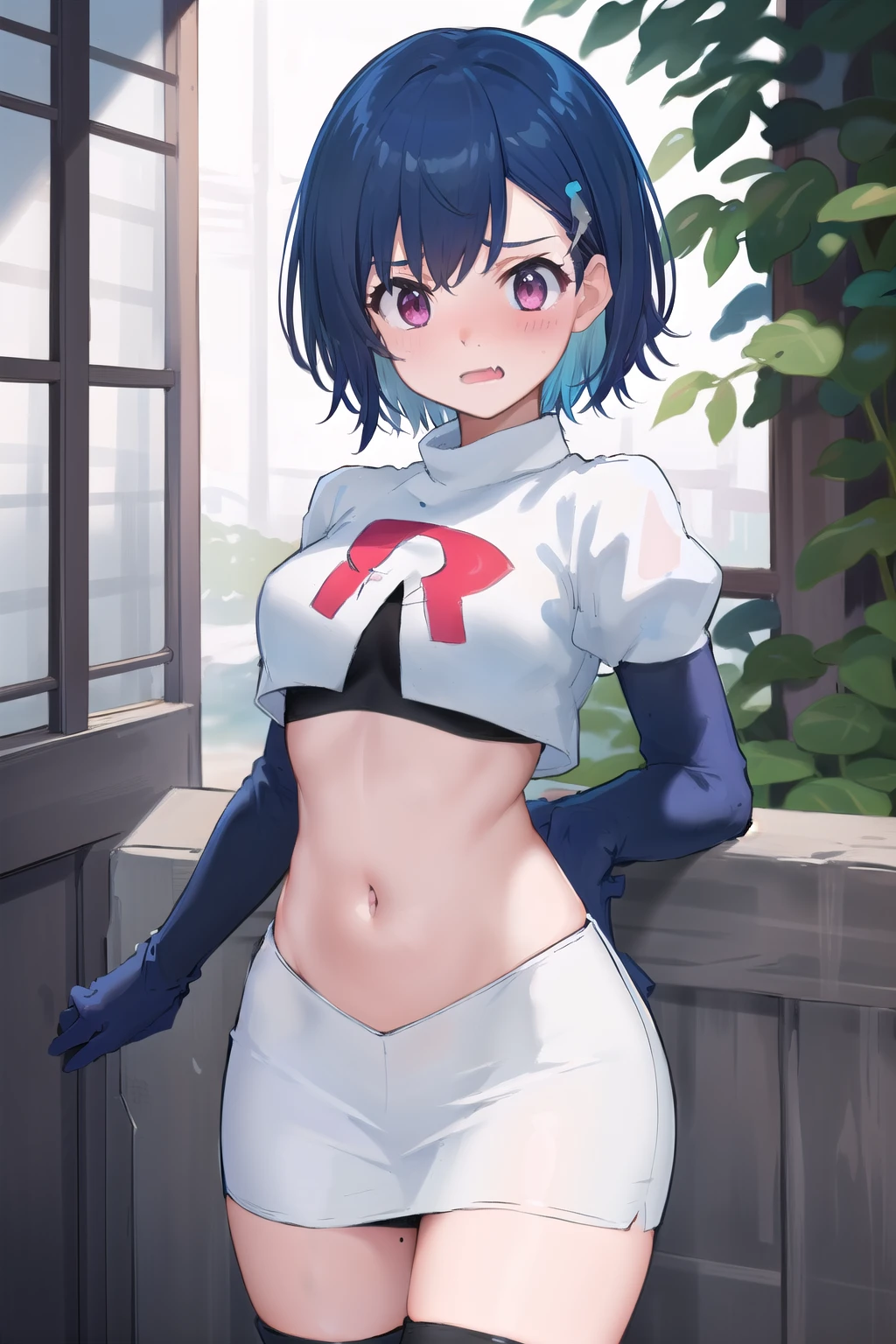 (masterpiece), (best quality),  1girl, solo, fang, blue hair, skin fang, short hair, hair behind ear, purple eyes, team rocket,team rocket uniform,white skirt,red letter R,crop top,black thigh-highs,black elbow gloves, hair ornament, medium breasts, mole on thigh, outdoors, blush, embarrassed, cowboy shot