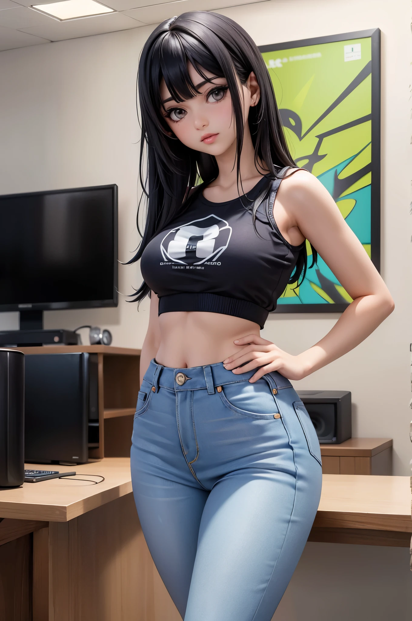 (Hinata Hyuga, muito sensual, com roupas apertadas, bunda grande, pernas grossas, Wearing extremely tight jeans, usando uma mini blusa, umbigo com pirsing, cabelo grande, Speaker behind, muito realista, extremamente sexy, 8k, 8k extremamente detalhado), (um extremamente delicado e bonito), (obra-prima), (melhor qualidade: 1.0), (ultra highres:1.0)