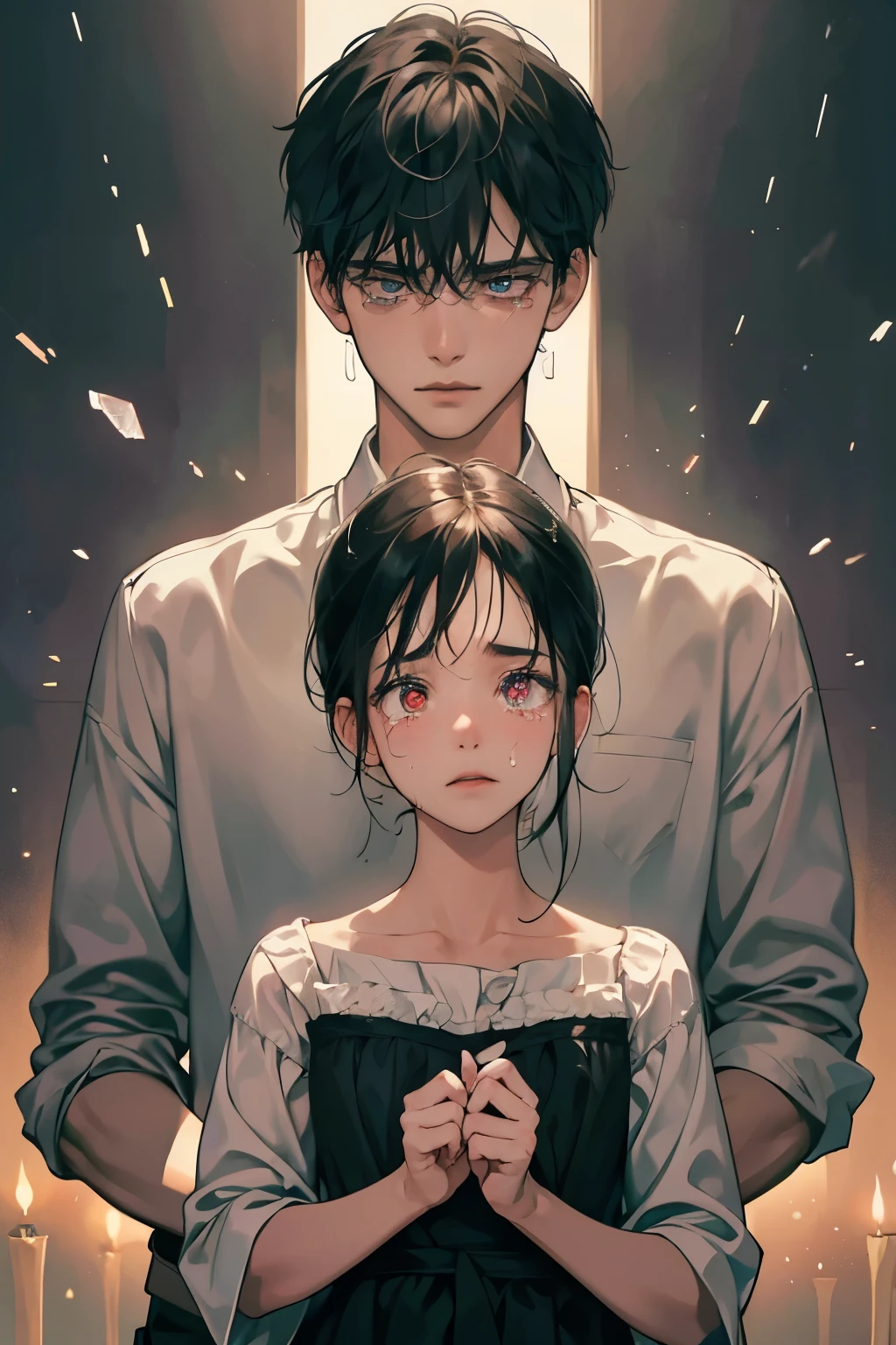 (Heart-wrenching, deeply detailed, emotionally charged)
(1 boy and 1 girl, heartbroken faces)
(Crystal clear, high-definition)
(Poignant: 1.4)
(High resolution: 1.4)
A heartbroken young man watches as a girl, who once held his heart, walks away from him, leaving an empty void in her wake. Her face is etched with a determined resolve, her eyes filled with tears that glisten in the dim light. The boy's expression is one of despair, his eyes wide and hollow, as if trying to capture one last memory of her before she disappears from his life forever.