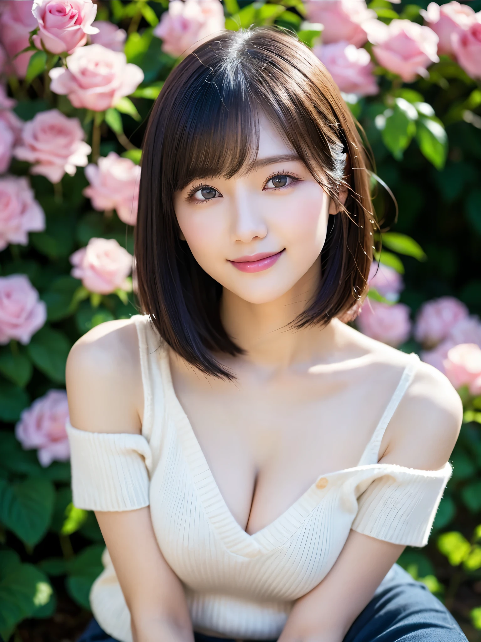 Medium Shot、((Upper Body))、(highest quality:1.5)、(Realistic:1.5)、(1 person:1.5)、(Very detailed)、(High resolution)、8k、((Wear an off-the-shoulder sleeveless sweater))、Slightly small breasts、Natural color lips、Cute Smile、20-year-old girl、(Beautiful and elaborate face)、(Perfect and beautiful face)、(Big eyes)、(Beautiful and elaborate face)、(Beautiful, balanced eyes)、Perfect and beautiful double eyelids、Perfect and beautiful face、Arched eyebrows、 Thin eyebrows、Feminine poses、Slim face、Slim figure、Beautiful and thin nose、 Beautiful Skin、(Medium Bob Hair)、Natural Bangs、Fair skin、Front lighting、(Lighting the face)、(Beautiful cleavage)、Deep blue eyes、Slim waistline、Sitting in a flowerbed in the garden、Garden with blooming roses、