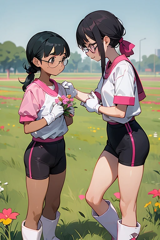 A pair of girls with glasses and black hair tied up in short-sleeved gym clothes wearing long pink rubber gloves and white rubber boots and gym caps on their heads picking flowers in a field