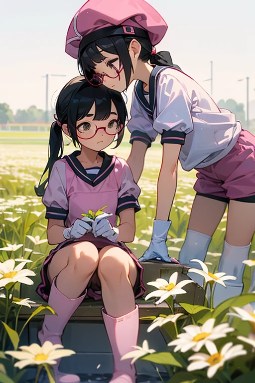 A pair of elementary school girls with glasses and black hair tied up in short-sleeved gym clothes wearing long pink rubber gloves and white rubber boots and gym caps on their heads picking flowers in a field