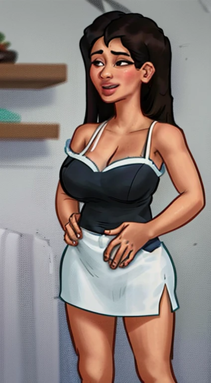 Obra de arte, melhor qualidade, 1 garota, fundo simples, seductive expression, olhando para o espectador, erotic french maid:1.2, tiny maid outfit, sacanagem,  , decote, tiro de vaqueiro, rosto detalhado, seios grandes, avental curto , uma vez, pele escura, (1 garota, Sozinho:1.2), standing, seios grandes, sorriso, flacidez do peito, rabo de cavalo, tubos de cabelo,Manga curta, apenas jogue, apedrejado, barriga, SEM FUNDO, nsfw, babado, mamilo