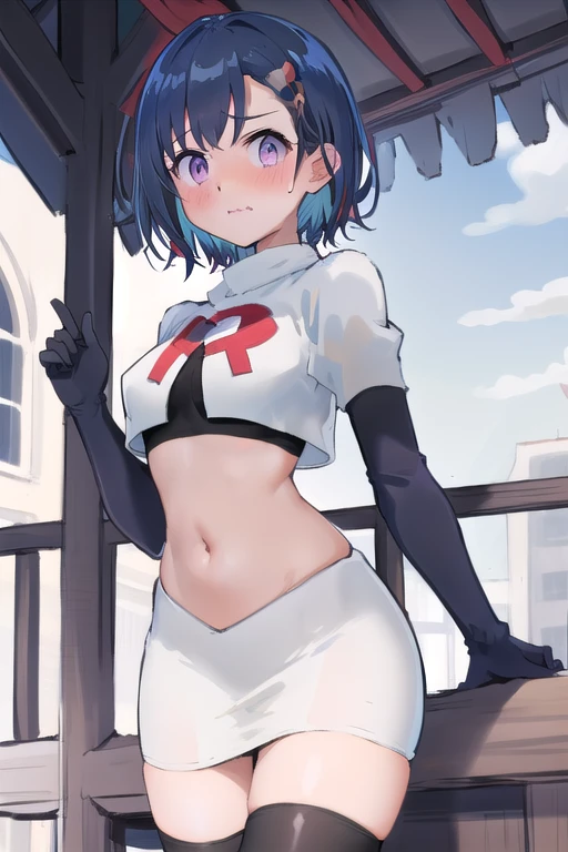 (masterpiece), (best quality),  1girl, solo, fang, blue hair, skin fang, short hair, hair behind ear, purple eyes, team rocket,team rocket uniform,white skirt,red letter R,crop top,black thigh-highs,black elbow gloves, hair ornament, medium breasts, mole on thigh, outdoors, blush, embarrassed, cowboy shot