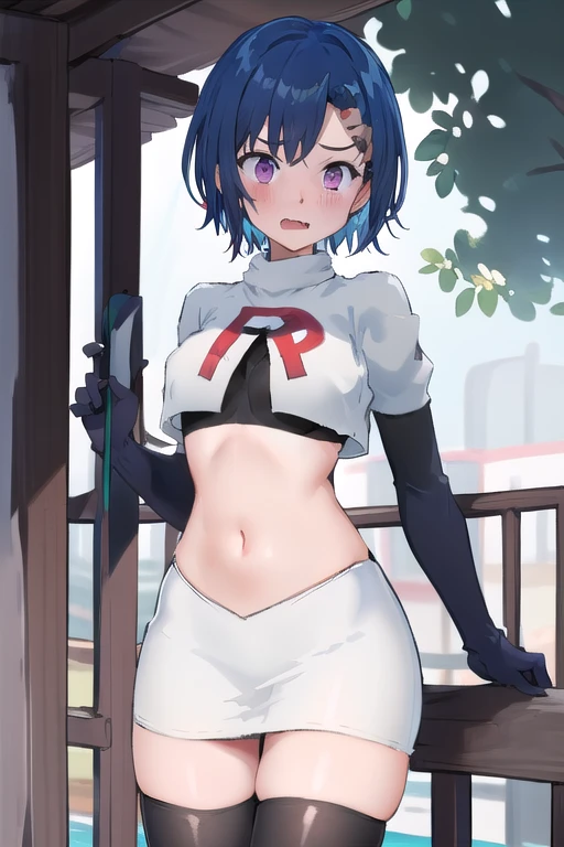 (masterpiece), (best quality), 1girl, solo, fang, blue hair, skin fang, short hair, hair behind ear, purple eyes, team rocket,team rocket uniform,white skirt,red letter R,crop top,black thigh-highs,black elbow gloves, hair ornament, medium breasts, mole on thigh, outdoors, blush, embarrassed, cowboy shot