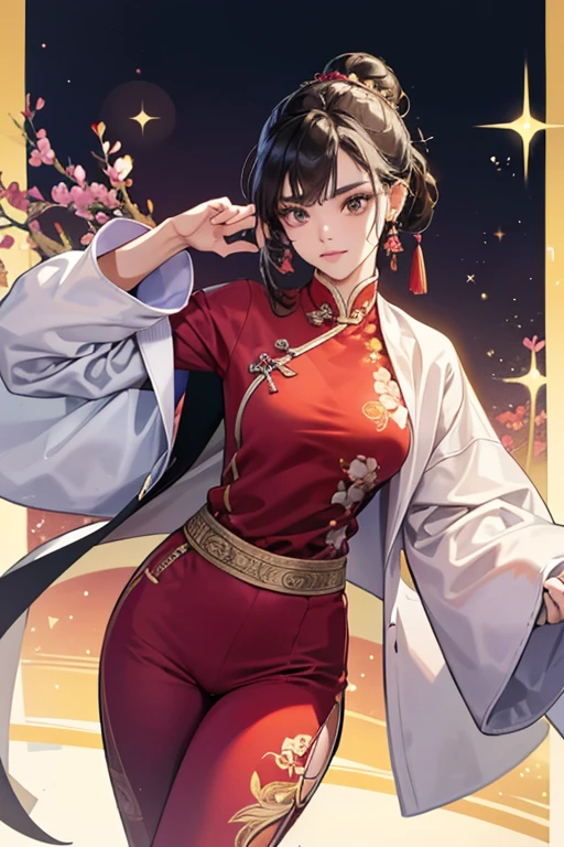 She is seen wearing athleisure wear quite a lot, but is sometimes seen wearing a Chinese style outfit, SPARKLE; GLITTER