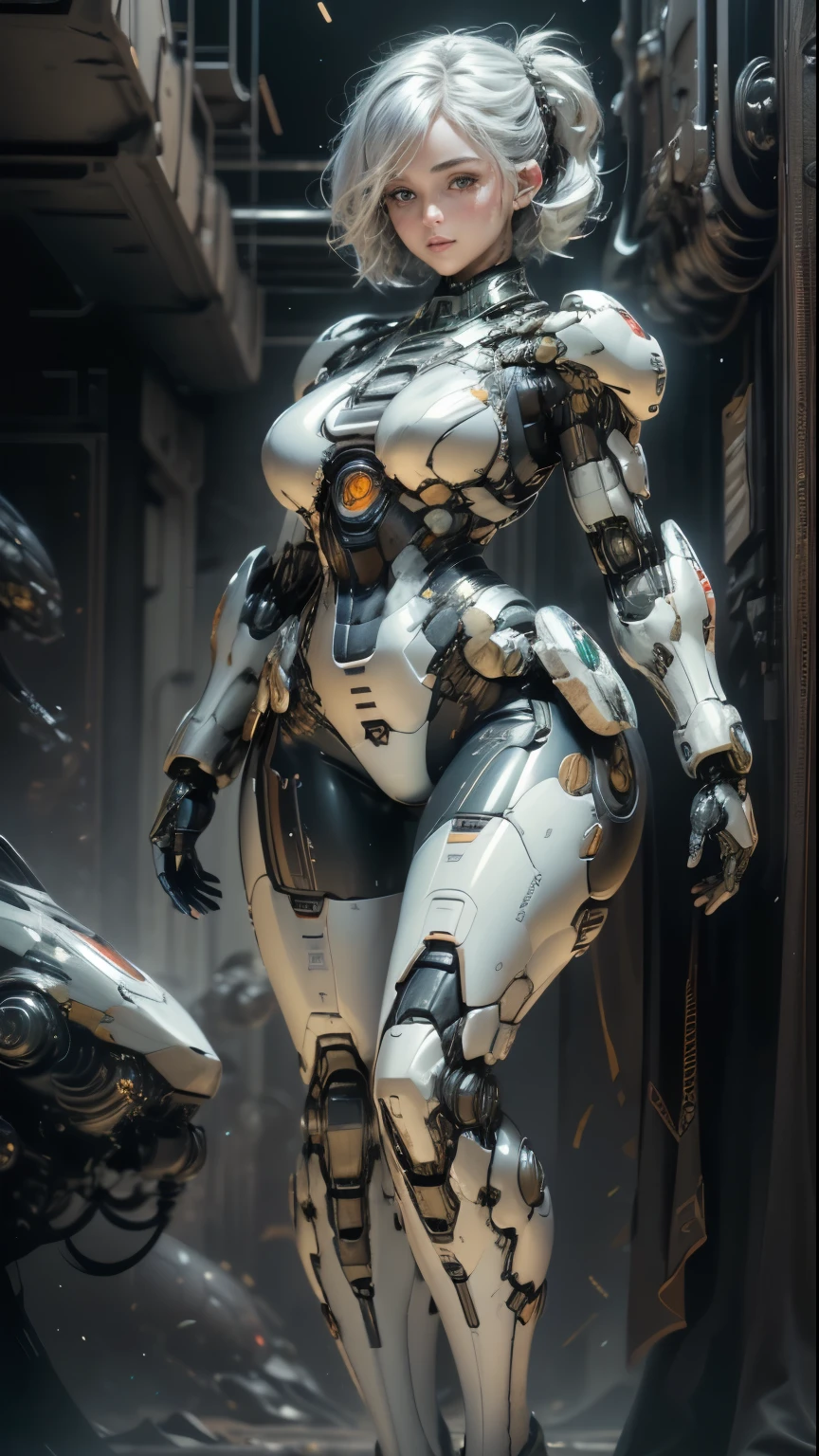 (best quality, 8k, masterpiece: 1.2), ultra detailed, (ultra realistic, photorealistic: 1.37), ultra detailed, 1 girls, short hair, mecha-style robotic armor, beautiful detailed eyes, beautiful detailed nose, full body, breasts huge, bewitching thighs erotic, woman, white hair ((battlefield Alien battlefield))