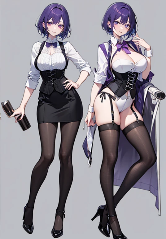 Purple hair,Short hair,Adult female,Bartender,((Body harness)),(black vest),((Rolling up your sleeves shirt)),(Corset),High heels,((Simple background)),Smile,((Full body)),((whole body)),Character Sheet,