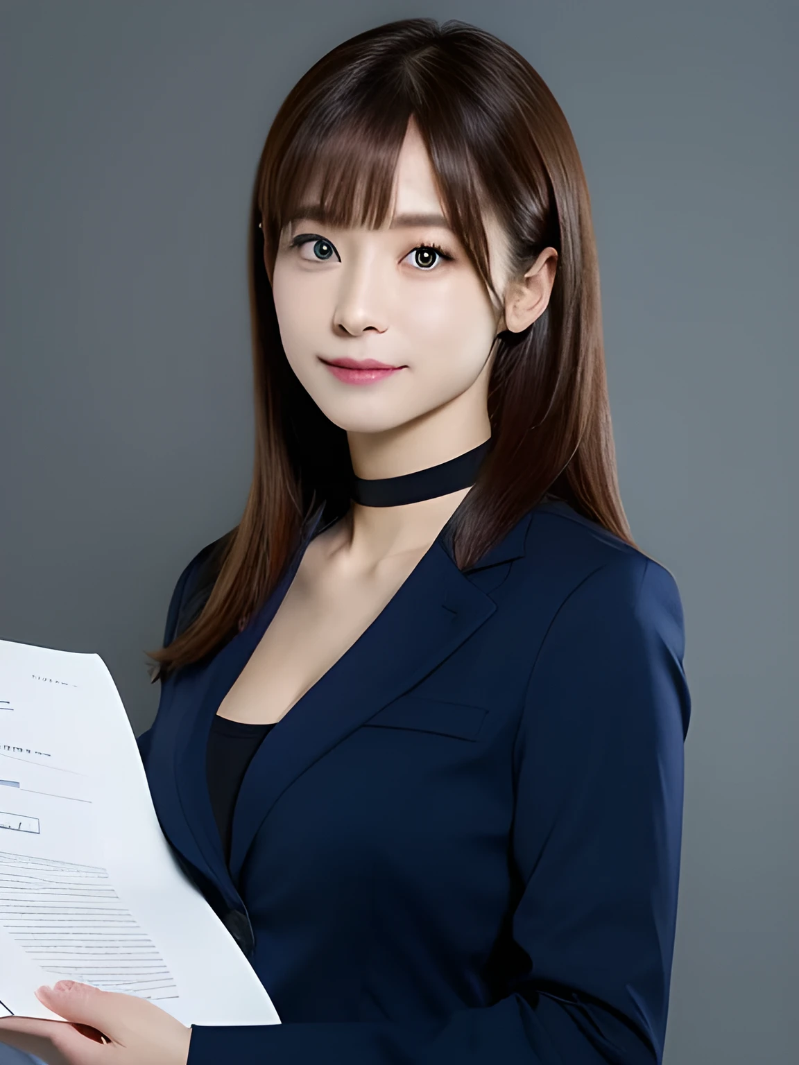 Tabletop, highest quality, Very detailed, finely, High resolution, 8k wallpaper, Perfect dynamic composition, Beautiful and beautiful eyes,  Natural Lip,blazer , Dark blue business suit , Big Breasts, whole body, blue eyes , Black Choker , parlor , Natural Makeup, secretary , smile, Japanese women  , bangs , Holding a stack of documents